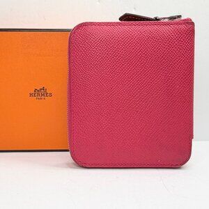 Vintage Hermès Epsom Leather Framboise Pink Silk In Wallet Z Stamp in box GS749